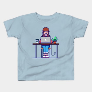 Girl Working on Laptop Cartoon Kids T-Shirt